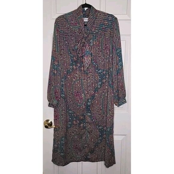 Lady Jennifer Kaftan Style Long Button Dress 18 XXL Paisley Floral Green Bow EUC - Picture 1 of 15